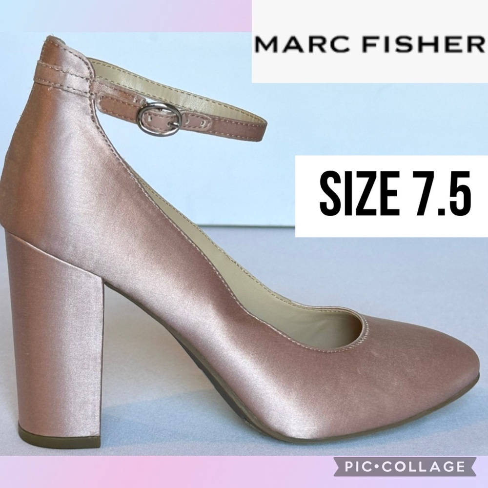 Marc Fisher Womens Heels Samy Ankle Strap Block Pink Satin Round Toe Size 7.5